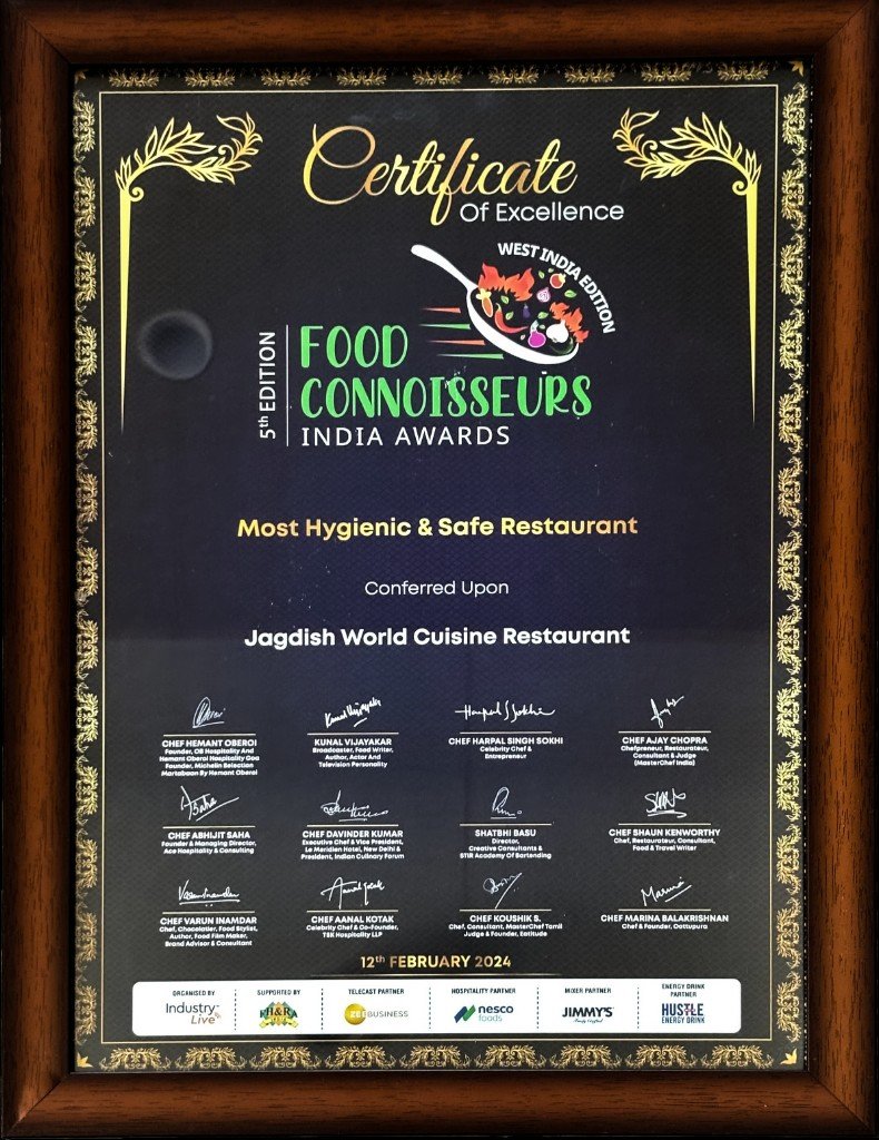 Certificate for Most Hygienic & Safe Restaurant