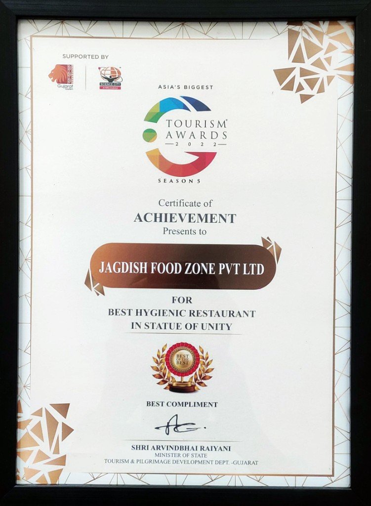 Certificate for Best Hygienic Restaurant in Statue of Unity