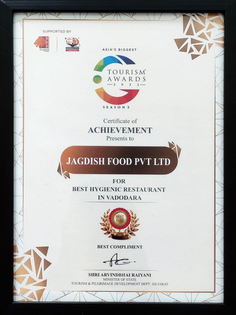Certificate for Best Hygienic Restaurant in Vadodara